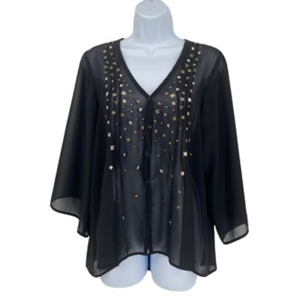 Nordstrom Petticoat Alley Black Sheer Embellished Goth Button Down Shirt Medium
